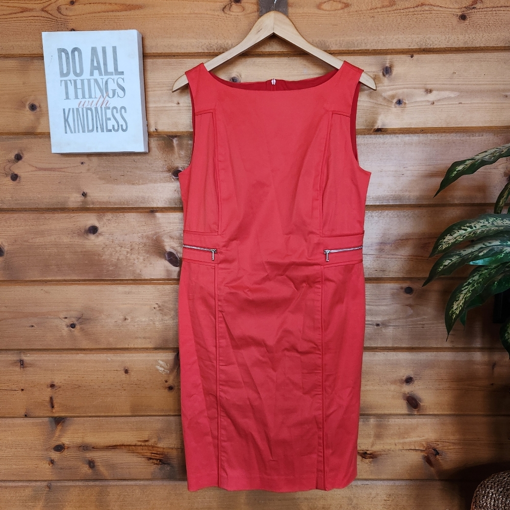 J'Envie New York Coral Pink Sheath Dress Boat Neck Zip Sides Stretch Work‎ Sz 10
